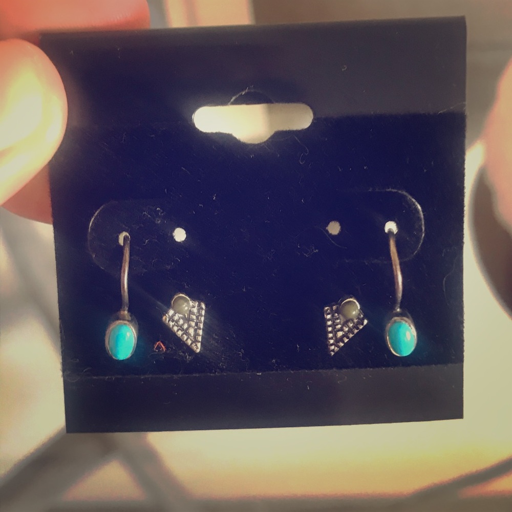 Turquoise and silver dangle and studded earrings